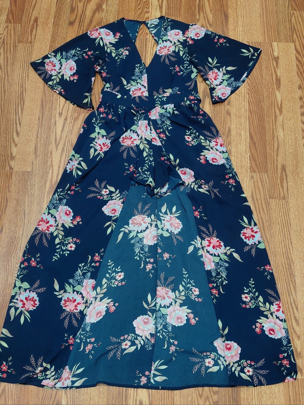 J for Justify Maxi Ropmer Dress Junior Size Small Blue Floral Jumpsuit Dress